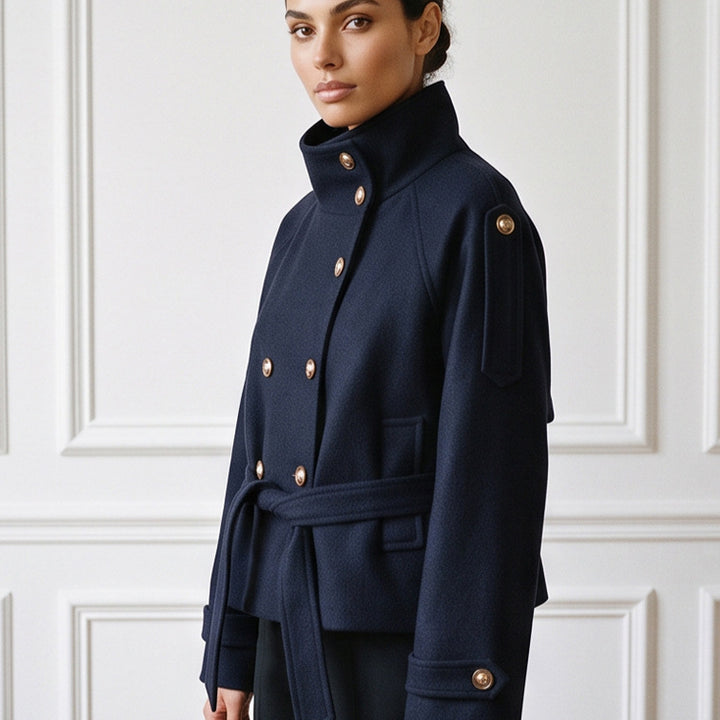 Women Short Double-Breasted Coat with Stand Collar and Tied Belt Amarae