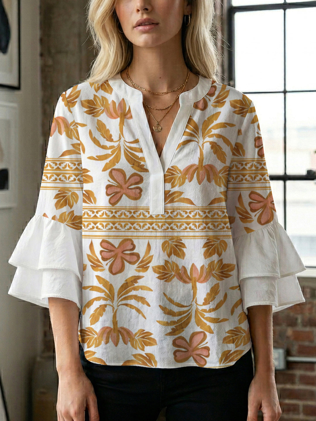 Women's casual blouse with ruffled sleeves and botanical print Lune London