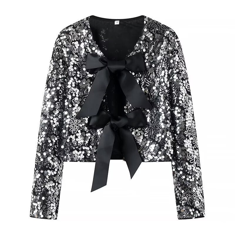 Women Sequin Cropped Jacket with Open Front Panels and Large Satin Ribbons Amarae