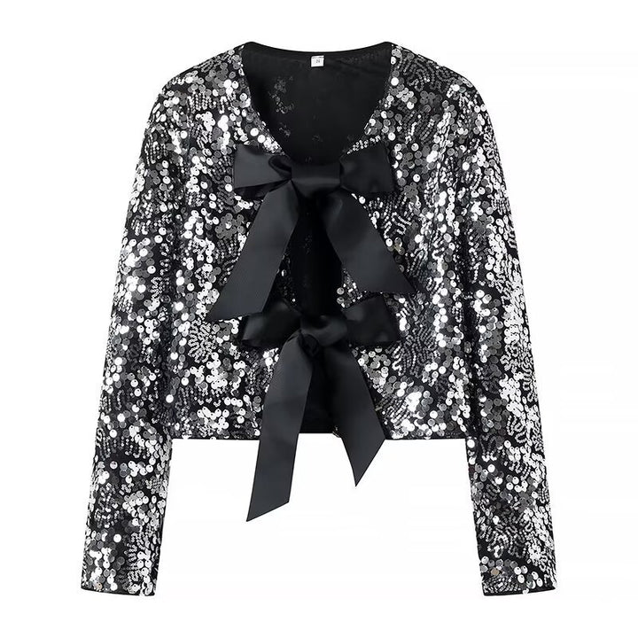 Women Sequin Cropped Jacket with Open Front Panels and Large Satin Ribbons Amarae