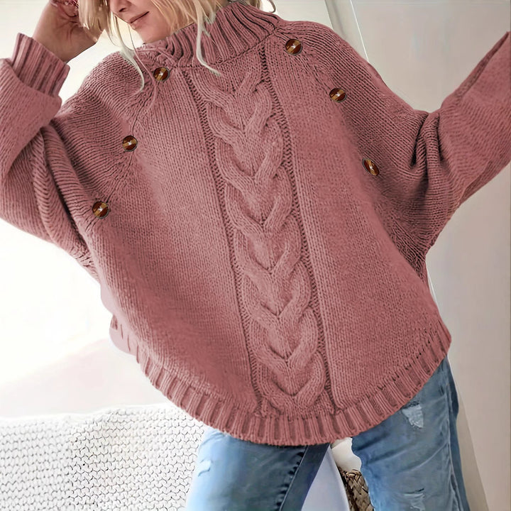 Women Loose Knit Sweater with High Collar and Decorative Buttons Lune London