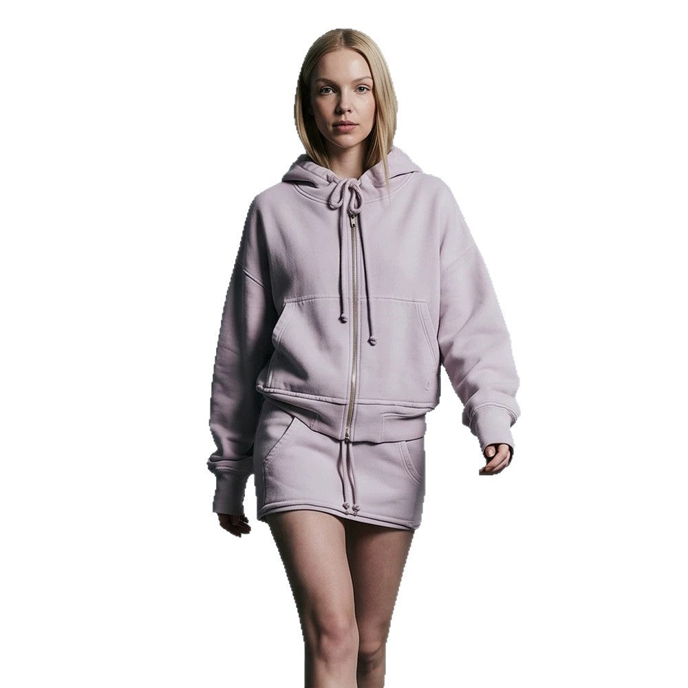 Ladies cropped hoodie sweatshirt with full zip, kangaroo pockets, and extended sleeve cuffs Amarae