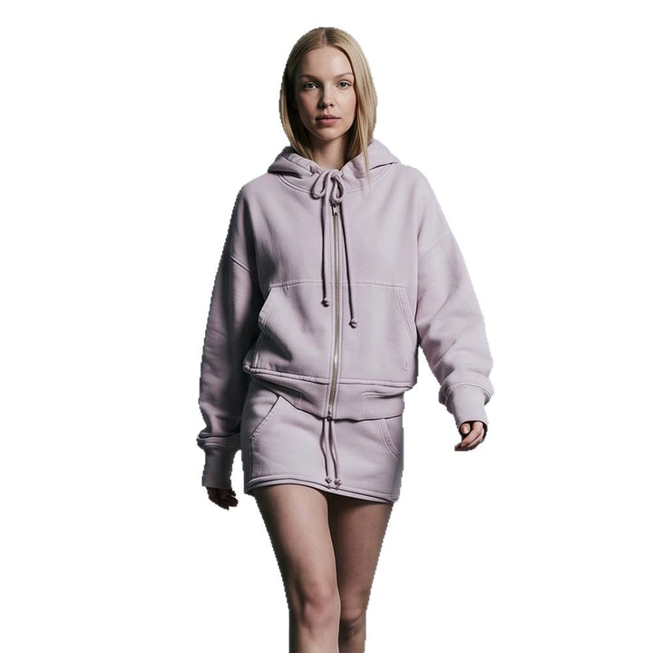 Ladies cropped hoodie sweatshirt with full zip, kangaroo pockets, and extended sleeve cuffs Amarae