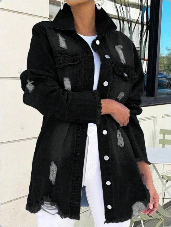 Ladies Longline Denim Jacket with Destroyed Details and Fringed Hem Amarae