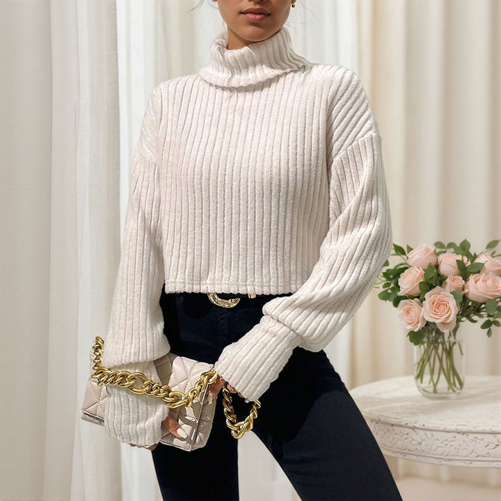 Sweat cropped pour femmes avec col montant et texture côtelée fine Chic & Stil