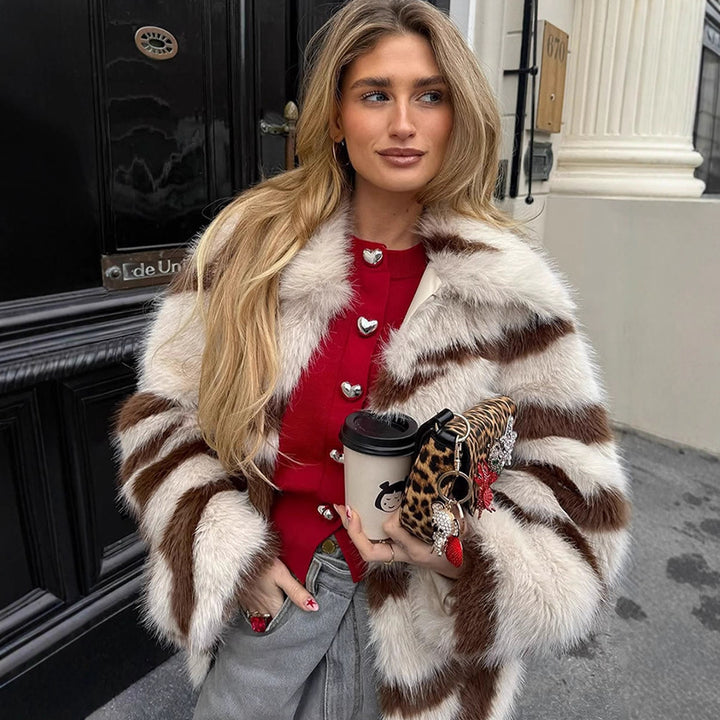 Women Striped Oversize Faux Fur Coat with Short Boxy Cut Amarae