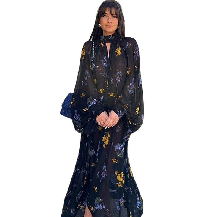 Women's Chiffon Maxi Dress with Stand Collar, Keyhole Neckline & Voluminous Balloon Sleeves Amarae