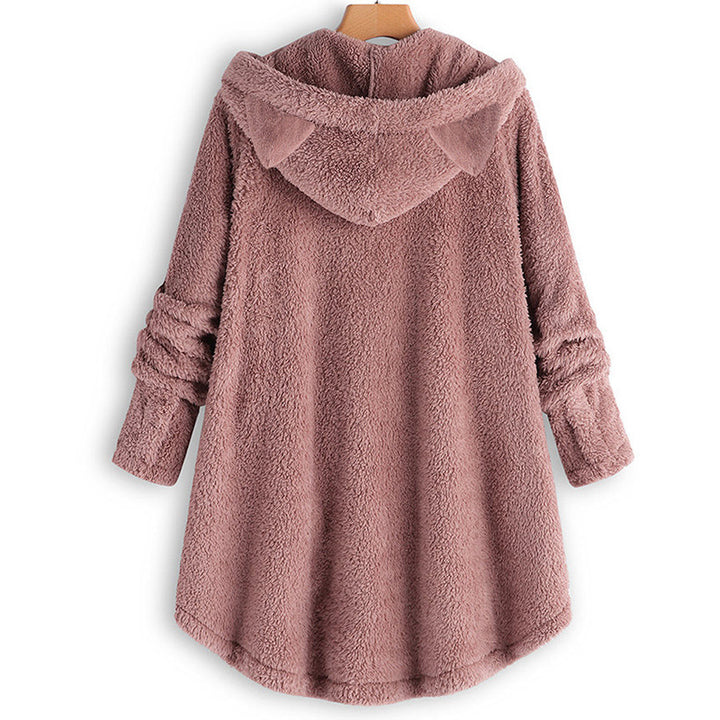 Women's Hooded Teddy Coat with Cat Ears, Button Placket and Asymmetrical Hem Amarae