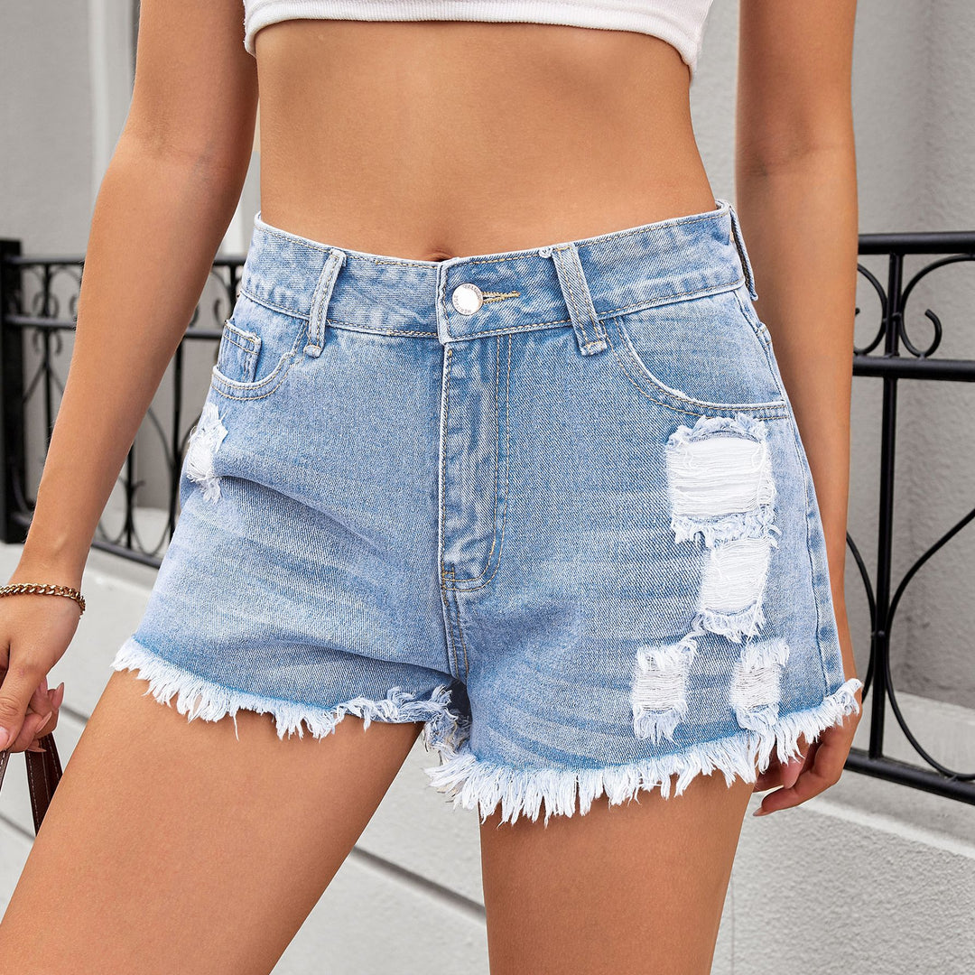 Distressed denim shorts for women with fringes and high waist Lune London