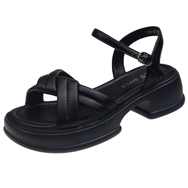 Women's sandals with stylish crossed straps and a comfortable block heel Lune London
