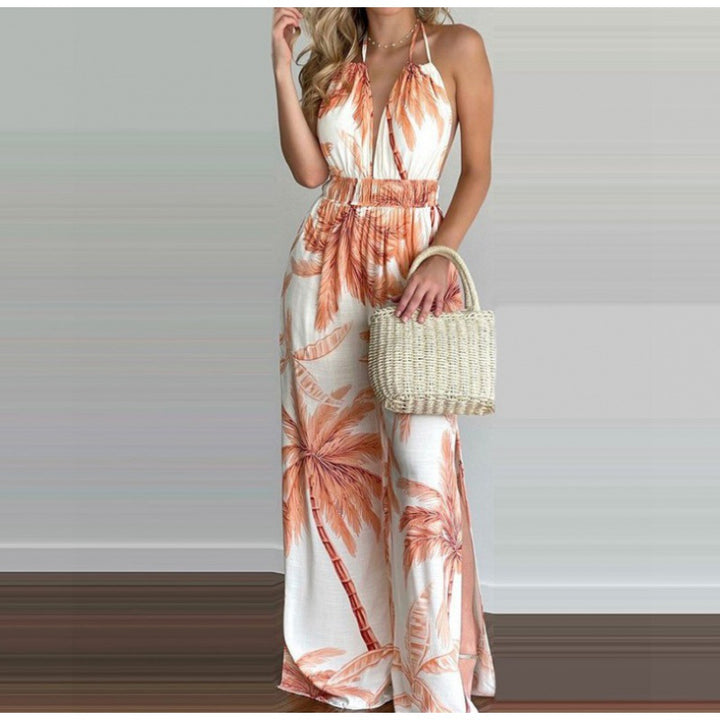 Ladies Tropical Print Jumpsuit High Split Lune London