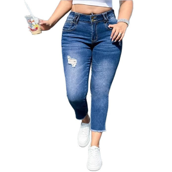 Women's High-Waisted Cropped Skinny Jeans made of Superstretch Denim with Double Button Placket and Raw Fringe Hem Amarae