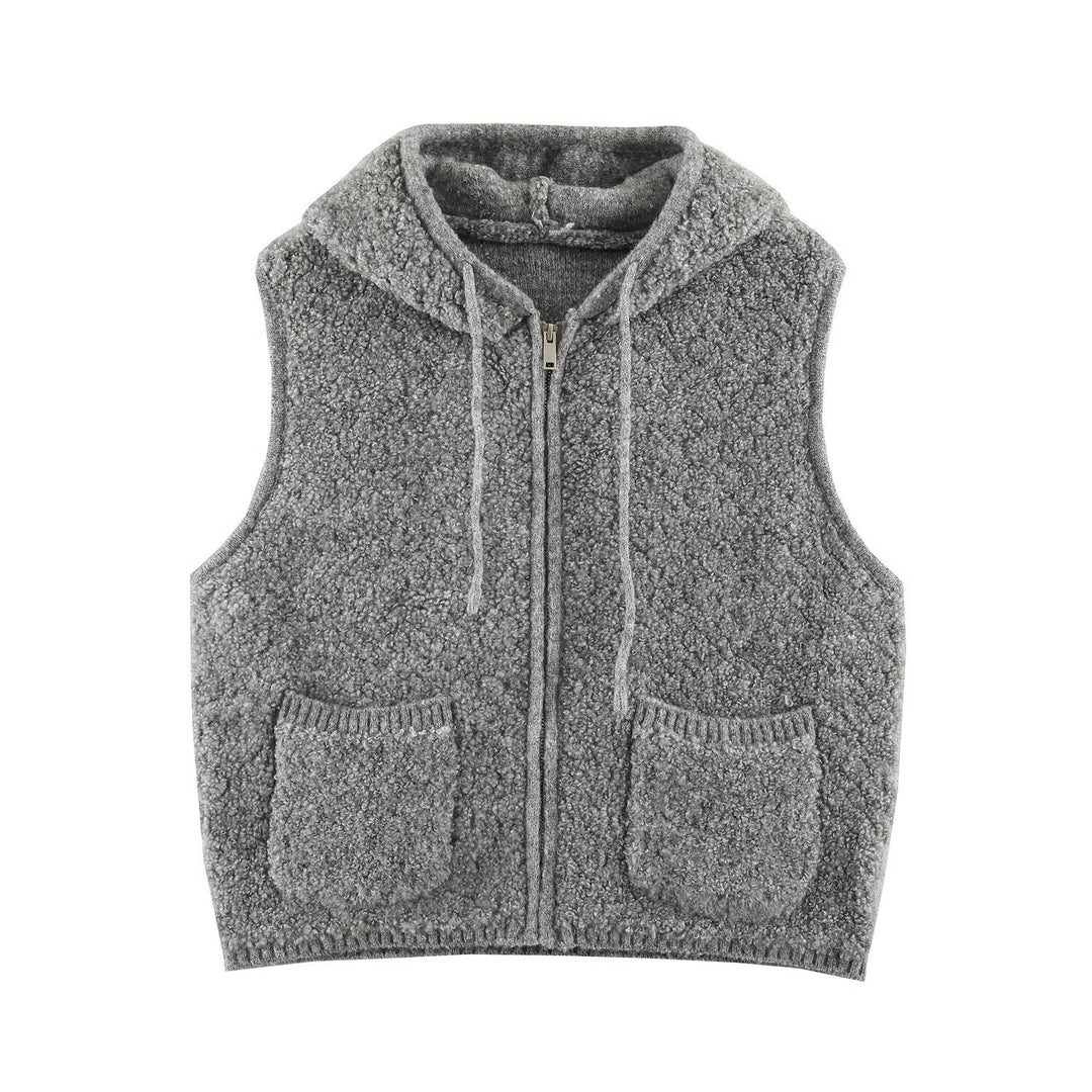 Women's Teddy Fleece Vest with Hood, Zipper and Patch Pockets Amarae