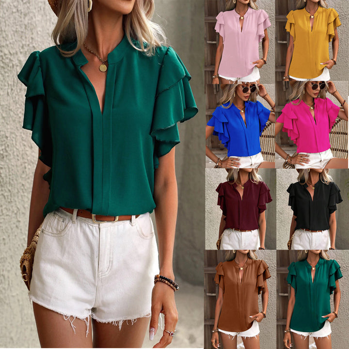 Women Elegant top with voluminous ruffled sleeves and V-neck Lune London