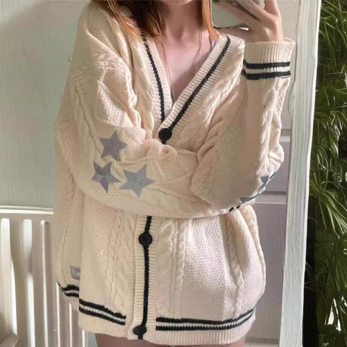 Chunky knit cardigan for women with deep V-neck and contrasting button details Amarae