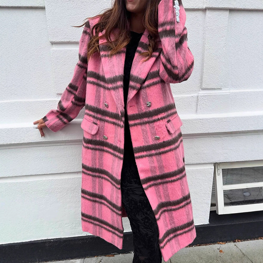 Women Mid-length checkered wool blend coat with double-breasted button placket and shawl collar Amarae