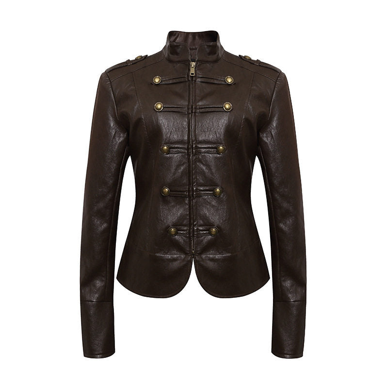 Women’s fitted leather jacket in military style with stand-up collar and decorative button placket Amarae