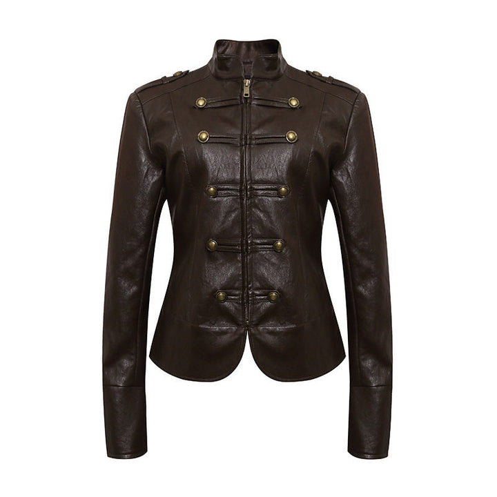 Women’s fitted leather jacket in military style with stand-up collar and decorative button placket Amarae