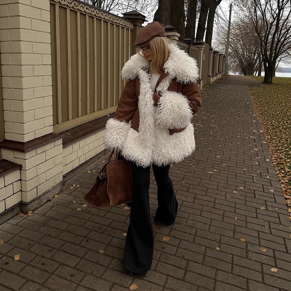Women's short coat in lamb fur look with voluminous curly collar and contrast trim Amarae