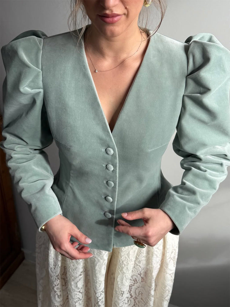 Women Fitted Velvet Blazer with Emphasized Waist, V-Neck and Voluminous Puff Sleeves Amarae