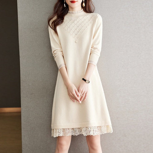Knit dress for ladies with high collar and lace finish Amarae
