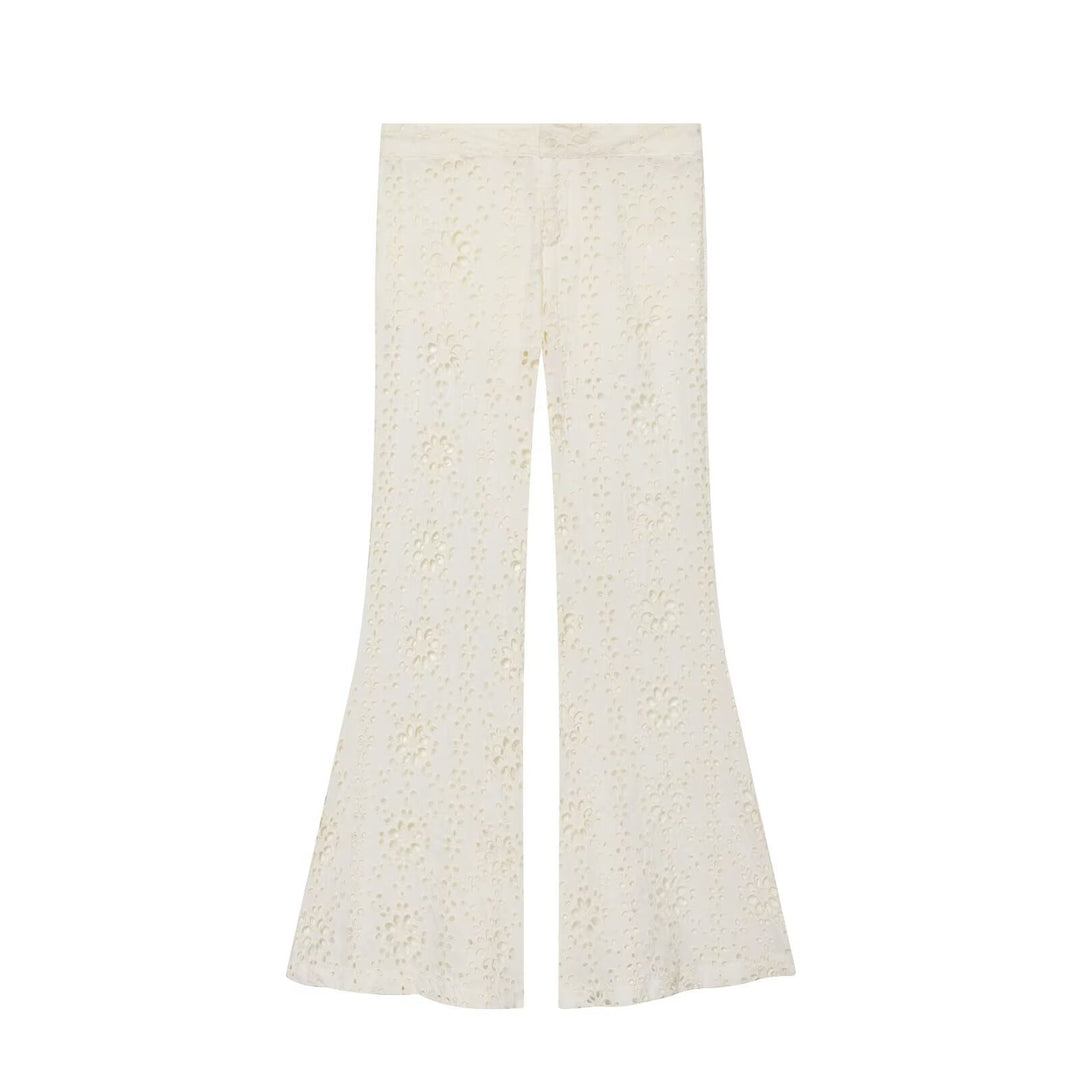Women's Wide Broderie-Anglaise Flared Trousers with High Waist and Flared Leg Amarae