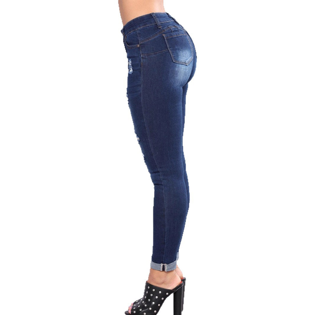 Women's High-Waisted Skinny Jeans with Destroyed Inserts and Cuffed Hem Amarae