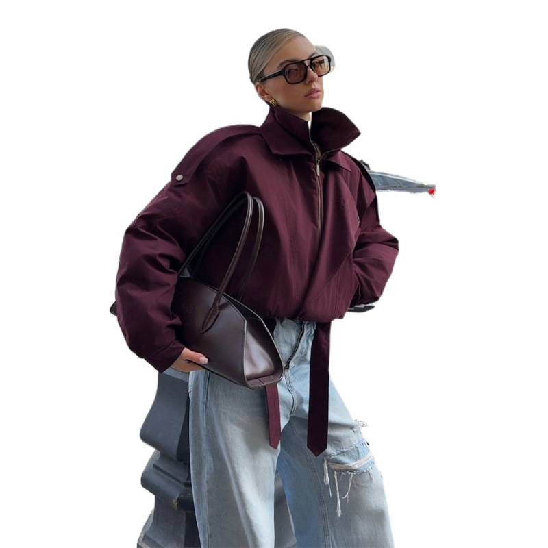 Women's short oversized bomber jacket with high stand-up collar, drawstring and shoulder flaps Amarae