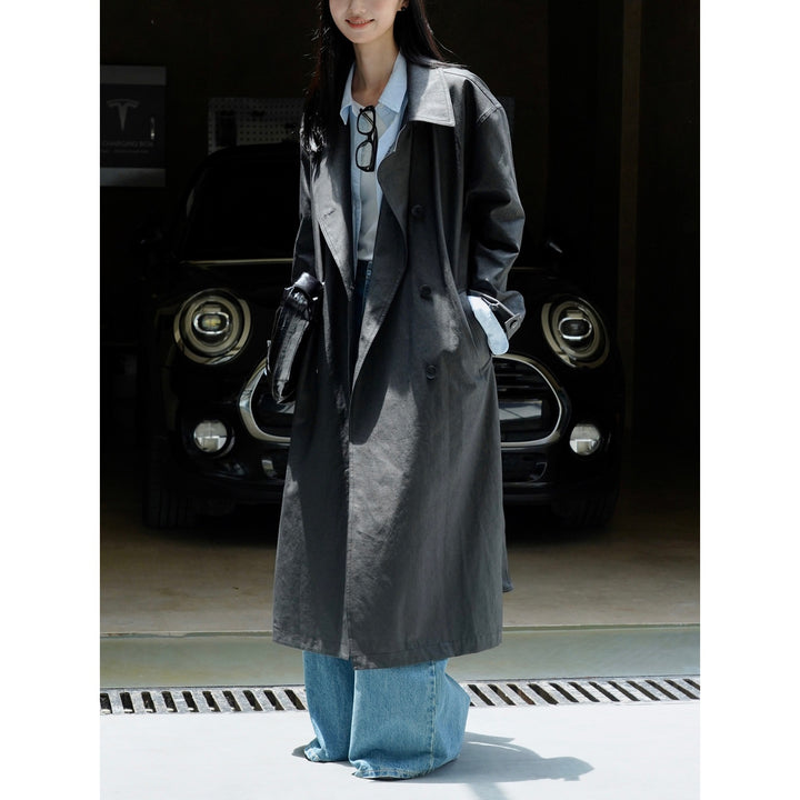 Women’s Long Oversize Trench Coat made of Cotton Blend with Lapel Collar and Waist Belt Amarae