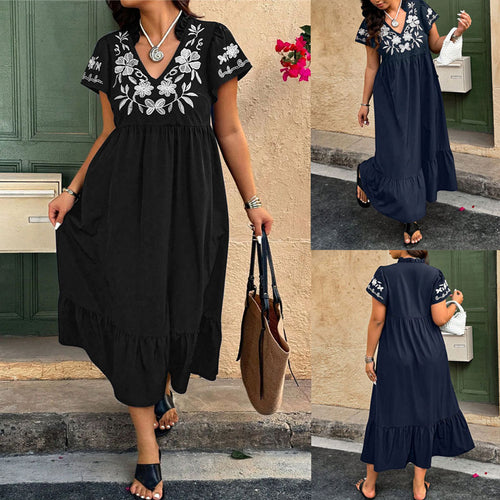 Maxi dress for women with embroidered floral design and voluminous skirt Amarae