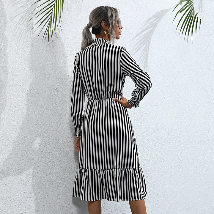 Lune London striped tiered midi dress for women with long sleeves and high collar