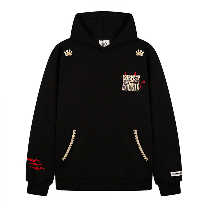 Women's Oversize Hooded Sweater with Kangaroo Pocket, Animal Patch and Decorative Embroidery Amarae