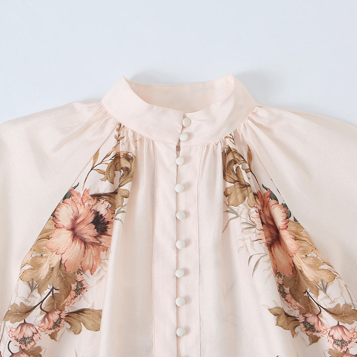 Women's blouse with stand-up collar, continuous button placket and wide balloon sleeves Amarae