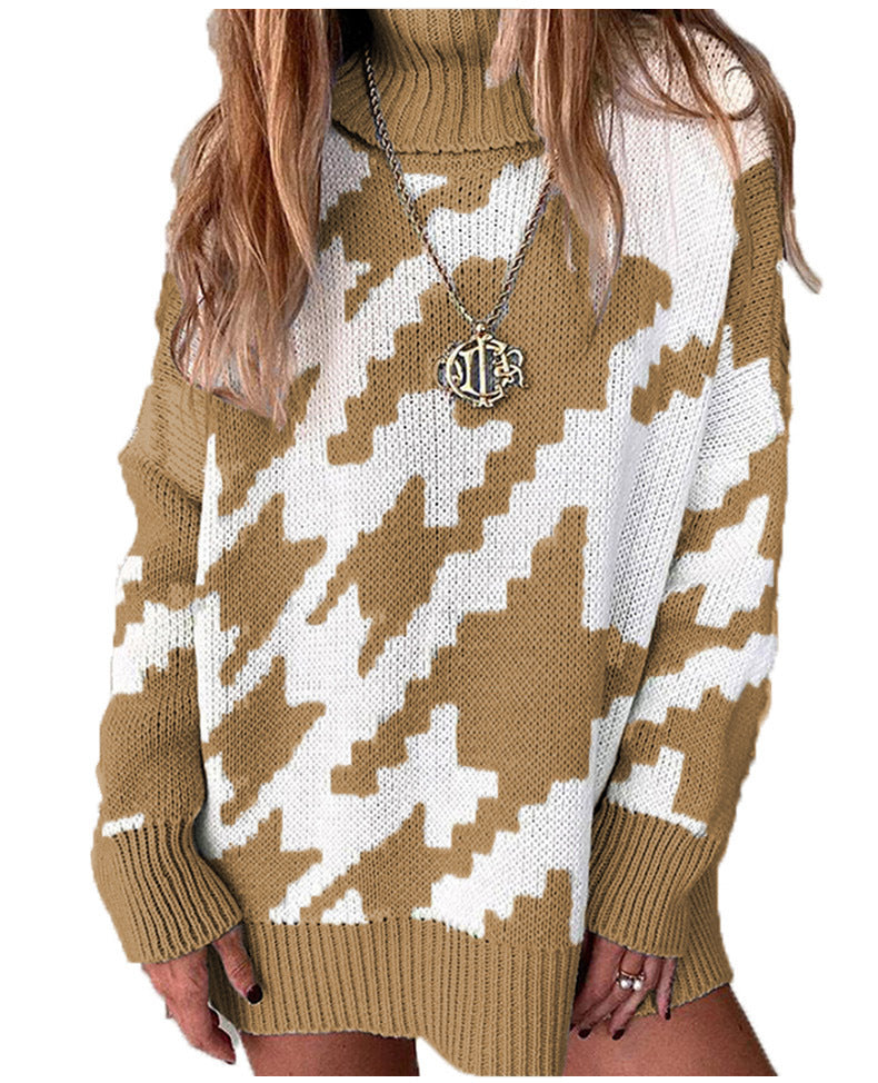 Thick knit sweater for women with a high collar and modern geometric pattern Lune London
