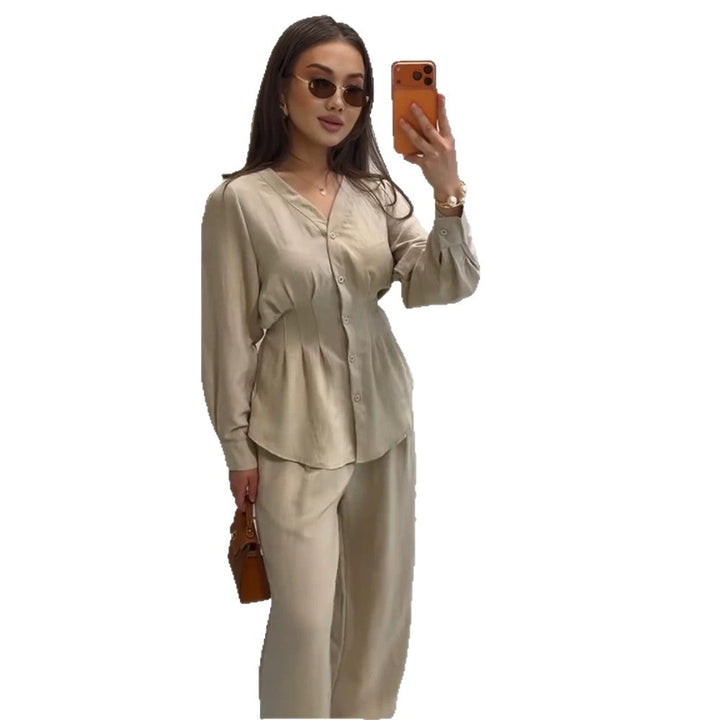 Women V-Neck Blouse and Culotte Set with Waist Pleats and Wide Legs Amarae