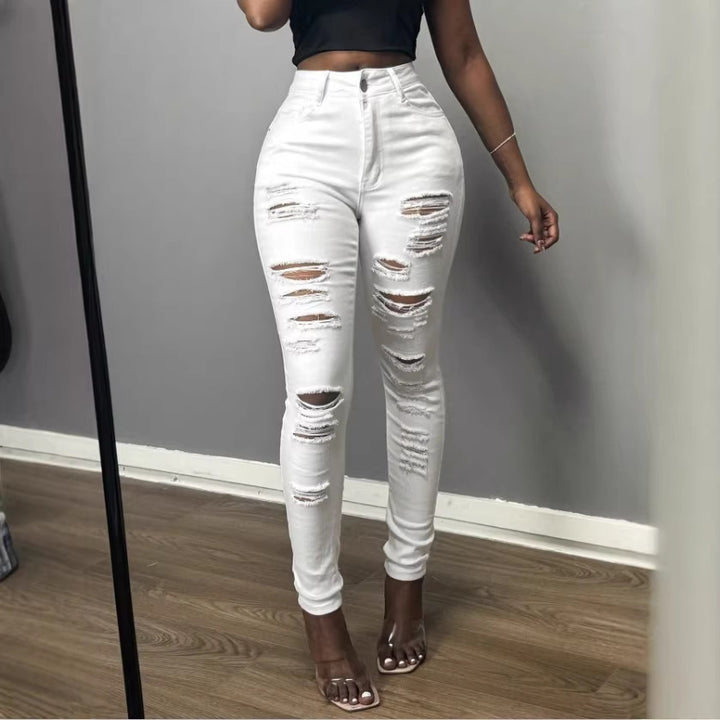 Women's High-Waisted Skinny Jeans with Asymmetrical Destruction Look and Shaping Waistband Amarae