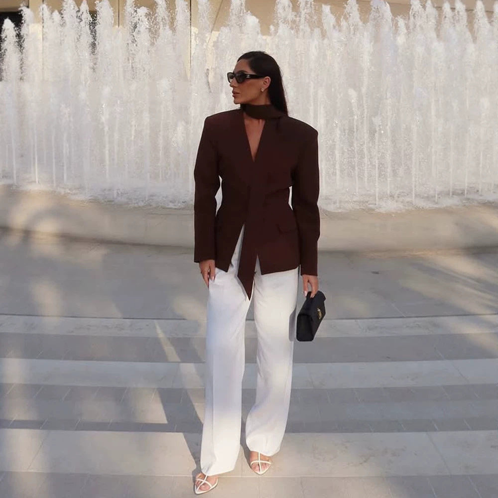 Women's Elegant Tailored Blazer-Pants Set with Integrated Scarf and V-Neck Amarae