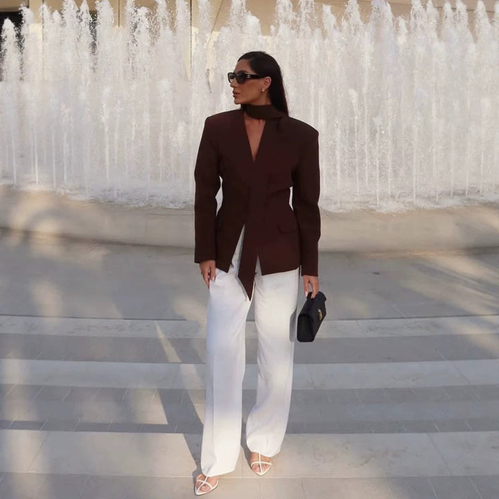 Women's Elegant Tailored Blazer-Pants Set with Integrated Scarf and V-Neck Amarae