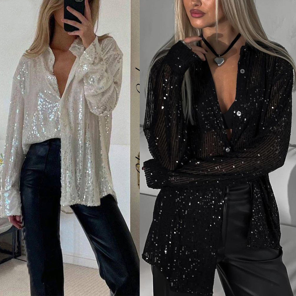 Ladies Glittering Blouse with Shimmering Texture and Casual Cut Lune London