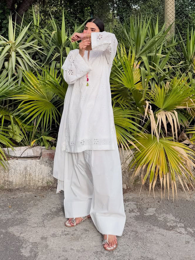Women Loose Tunic Set with Broderie Anglaise and Wide Harem Pants Amarae