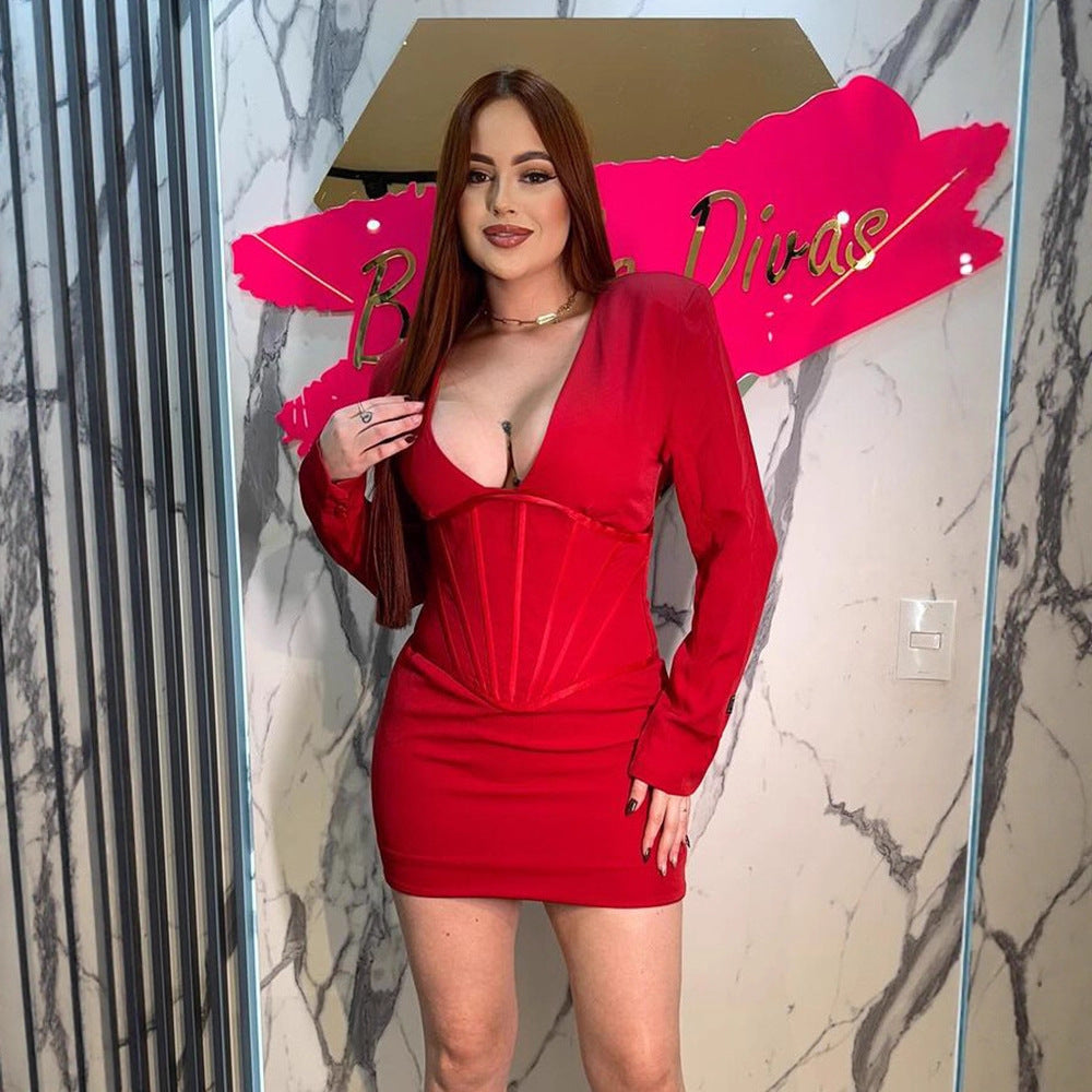 Women's Figure-Hugging Mini Dress with Integrated Corset and Deep V-Neck Amarae