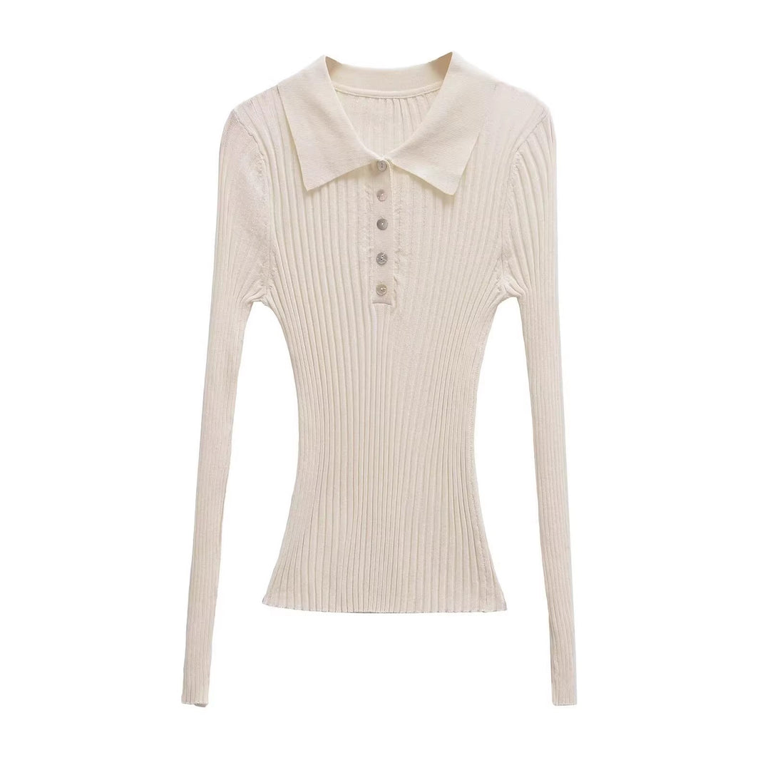 Women Long Sleeve Polo Shirt with an elegant rib structure and button placket Lune London