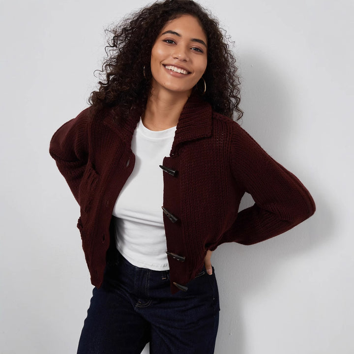 Thick knit jacket for women with decorative button details and practical pockets Lune London