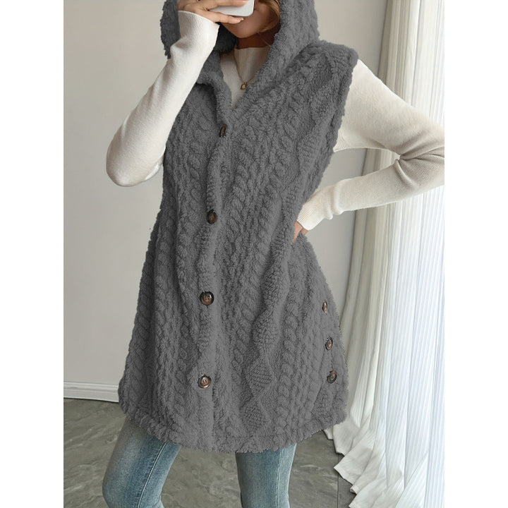 Women's Hooded Teddy Vest with Structured Cable Knit Pattern and Decorative Button Placket Amarae