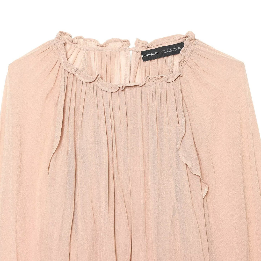 Women Pleated Chiffon Blouse with Ruffled Collar and Balloon Sleeves Amarae