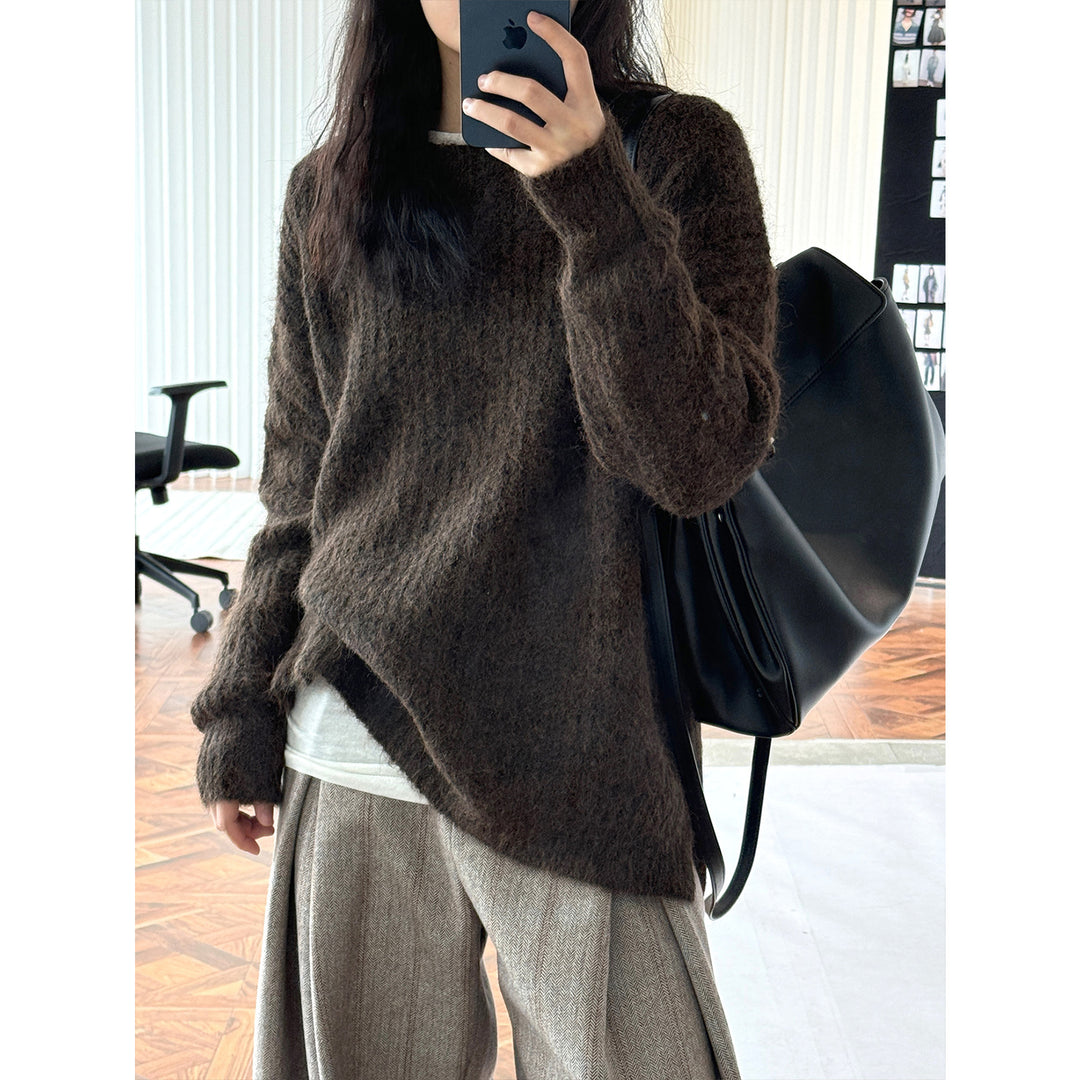 Women Fluffy Oversized Sweater in Mohair Look with Ribbed Textured Knit Amarae