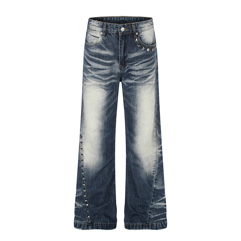 Women High-Waisted Wide Flare Jeans with Used Wash and Studded Trim Amarae