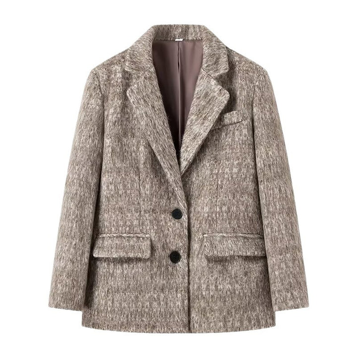 Ladies short blazer coat made of wool blend with bouclé structure and flap pockets Amarae