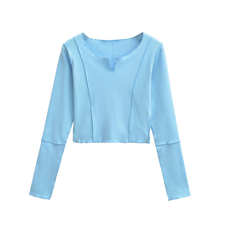 Women's Short Sleeve Long Sleeve Shirt with Visible Rolled Seams and Slit Collar Amarae