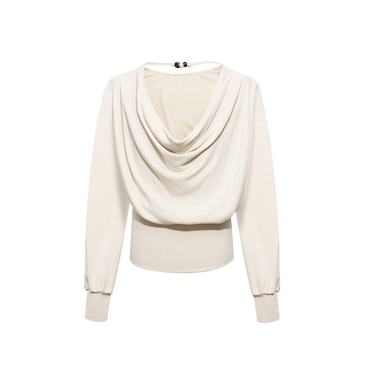 Women Draped Long Sleeve Top with Waterfall Collar, Open Back Strap and Fitted Ribbed Hem Amarae